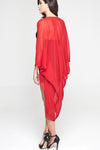 Model wearing 3 paneled red silk kimono facing back